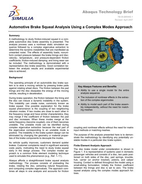 Abaqus Technology Brief Automotive Brake Squeal Analysis Using ...