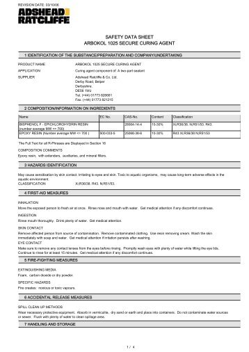 safety data sheet arbokol 1025 secure curing agent - Dolphin Sealants