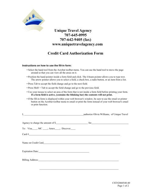 travel agency credit card authorization form