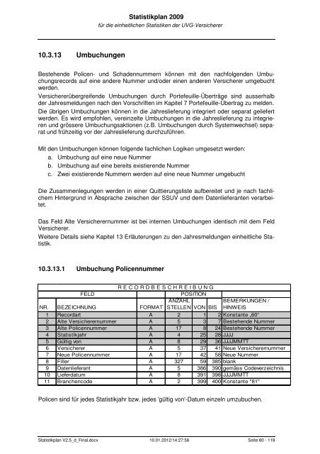 Statistikplan 2009 - Statistik der Unfallversicherung UVG