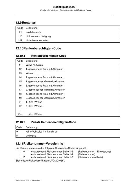 Statistikplan 2009 - Statistik der Unfallversicherung UVG