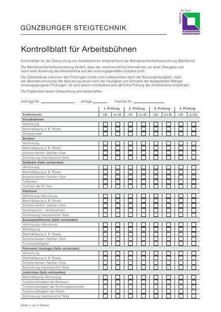 Kontrollblatt fÃ¼r ArbeitsbÃ¼hnen - GÃ¼nzburger Steigtechnik GmbH