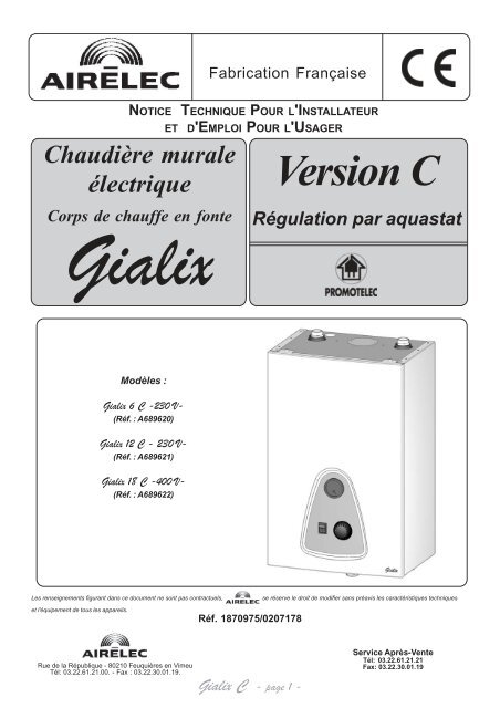 Notice Airelec Gialix Version C 6 Ã 18kW - PiÃ¨ces dÃ©tachÃ©es