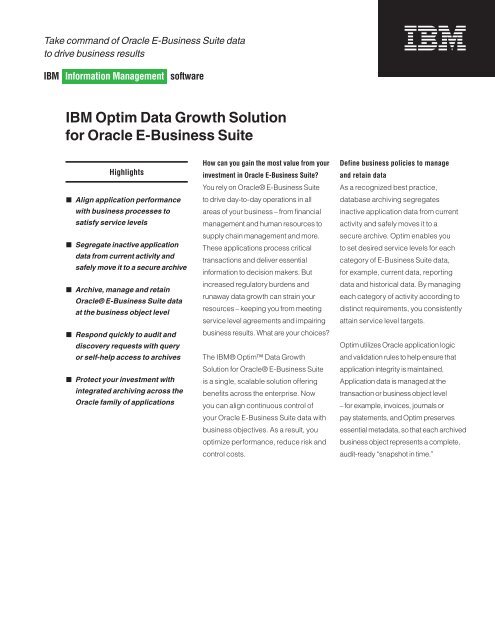 IBM Optim Data Growth Solution for Oracle E-Business Suite