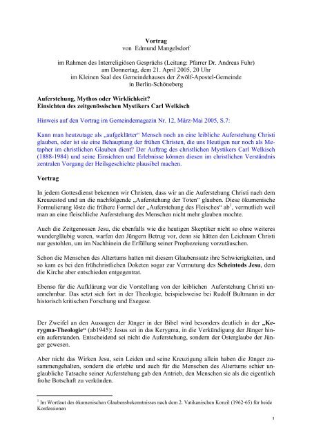 3. Vortrag: Auferstehung, Mythos oder Wirklichkeit - Evangelische ...