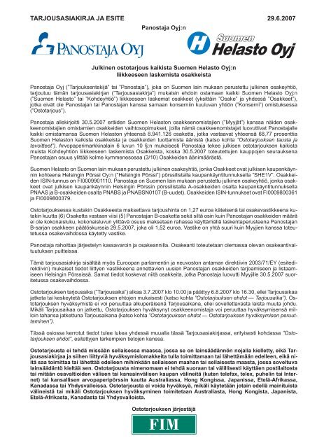 TARJOUSASIAKIRJA JA ESITE 29 6 2007 Panostaja