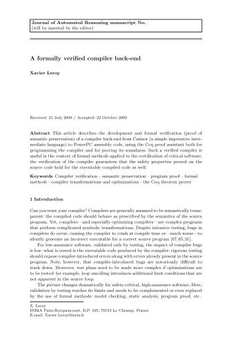 A Formally Verified Compiler Back-End [PDF, by - Gallium - Inria