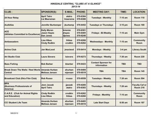 Clubs at a Glance 2013-14 - Hinsdale Central High School