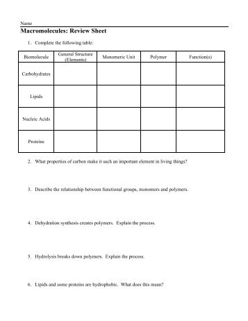 Macromolecules: Review Sheet - nnhsbergbio