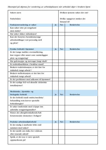Eksempel pÃƒÂ¥ skjema for vurdering av arbeidsplassen - Arbeidstilsynet