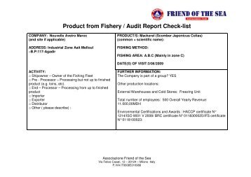 Product from Fishery / Audit Report Check-list - Friend of the Sea