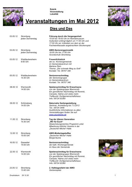 Veranstaltungen im Mai 2012 - Verbandsgemeinde Stromberg