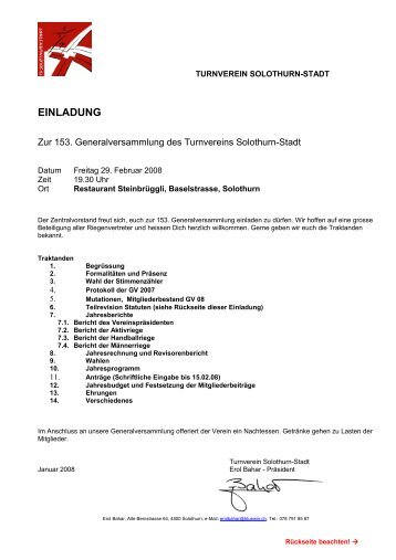 Einladung zur Generalversammlung des Turnvereins Solothurn-Stadt