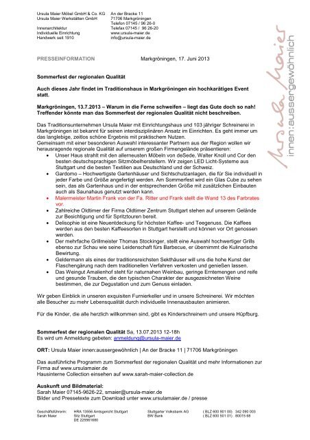 Pressemitteilung: Sommerfest der regionalen QualitÃ¤t ... - Ursula Maier