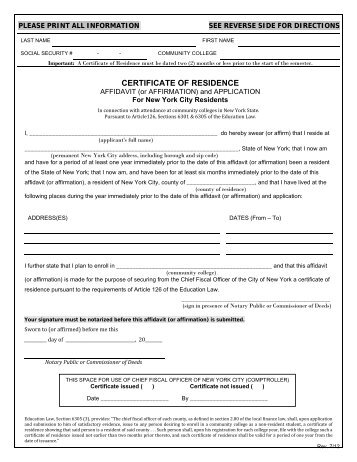 CERTIFICATE OF RESIDENCE - NYC Office of the Comptroller ...