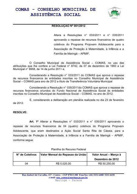 comas - conselho municipal de assistÃªncia social - MaringÃ¡ - Estado ...