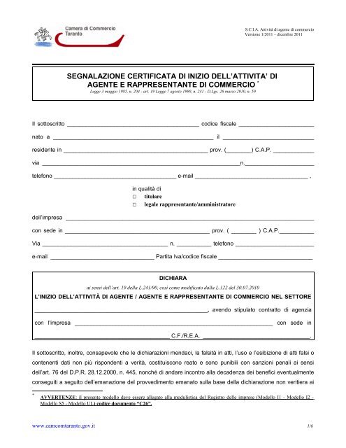 S.C.I.A. Agenti e rappresentanti di commercio – Imprese individuali