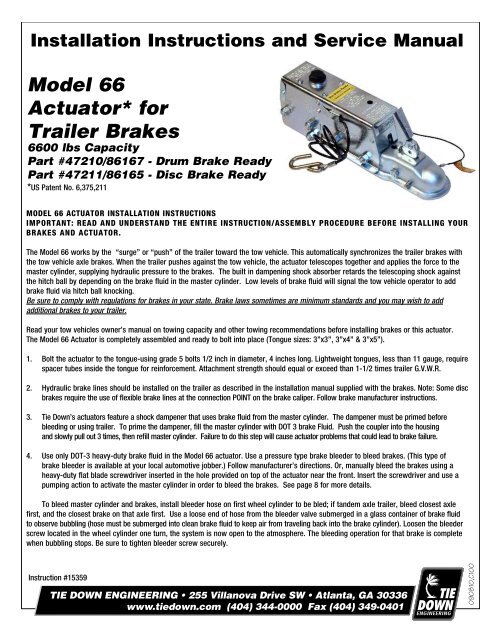Model 66 Actuator For Trailer Brakes Tie Down Engineering