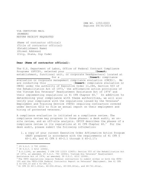 SCHEDULING LETTER REQUESTING AAP AND SUPPORT DATA