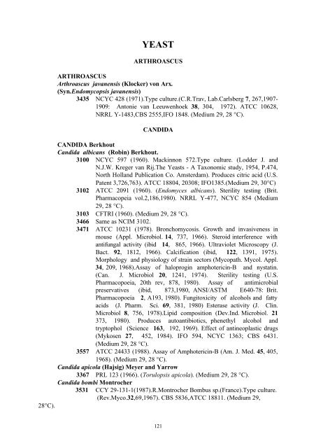 Catalogue of Yeast - National Chemical Laboratory