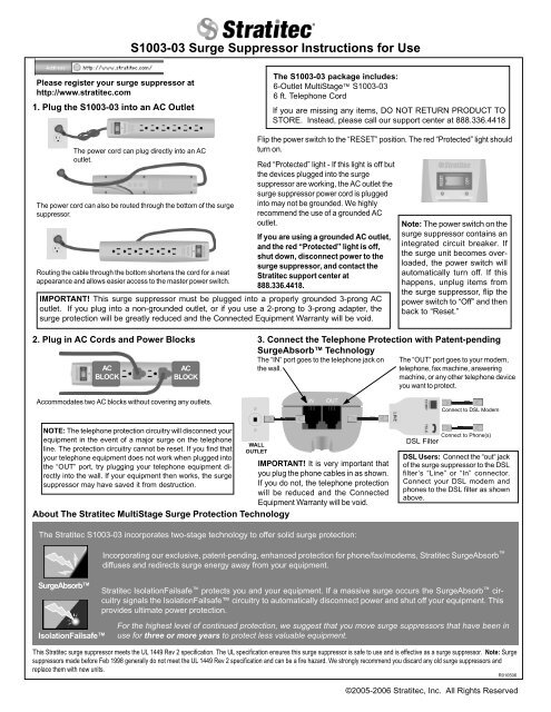 S1003-03 Surge Suppressor Instructions for Use - Stratitec