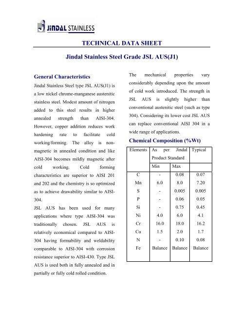 Technical data of JSL Aus grades - Gual Steel