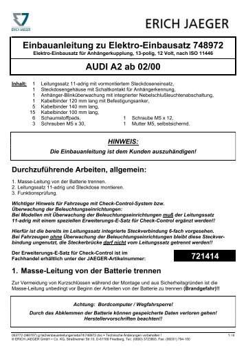 Einbauanleitung Erich Jaeger | Elektrosatz fÃ¼r Audi A2 ... - Bertelshofer