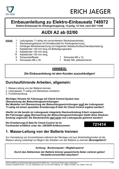 Einbauanleitung Erich Jaeger | Elektrosatz fÃ¼r Audi A2 ... - Bertelshofer