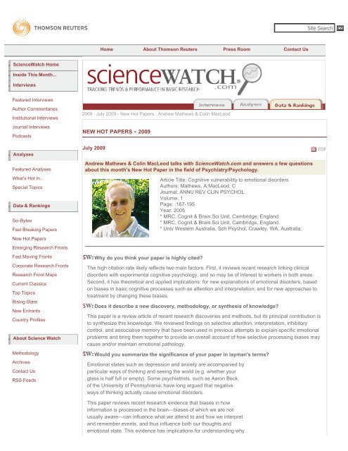 Andrew Mathews & Colin MacLeod - ScienceWatch.com