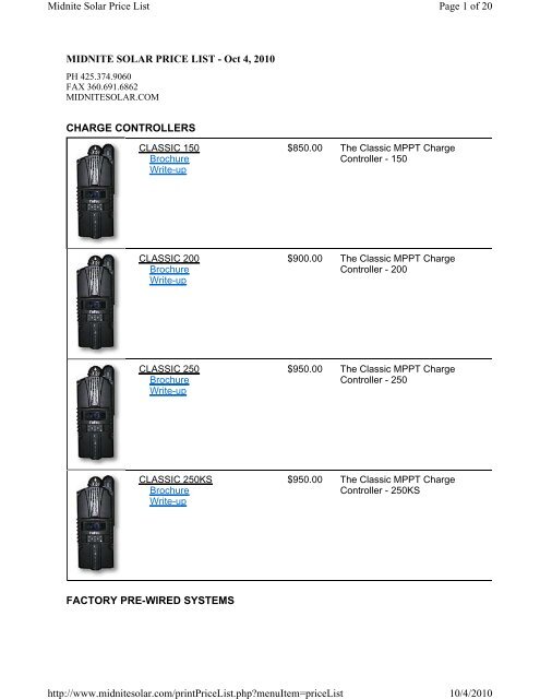 MIDNITE SOLAR PRICE LIST - Oct 4, 2010 CHARGE ...