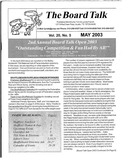 Board Talk May 2003 - eShuffleboard.com