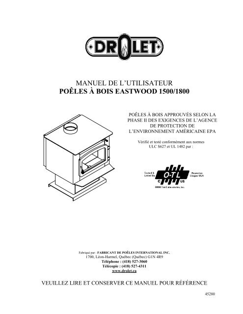 manuel de l'utilisateur poÃªles Ã bois eastwood 1500/1800 - Drolet