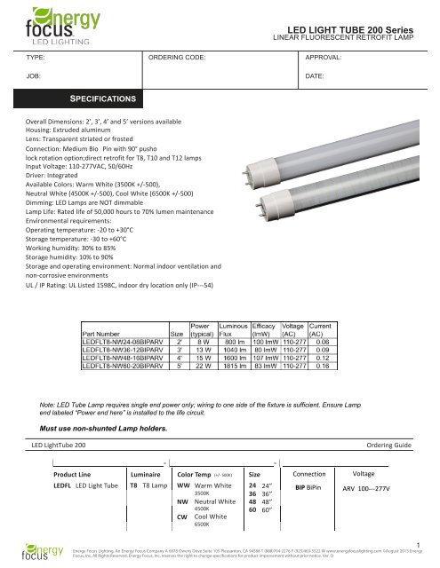 Series 200 LED Lamp Spec Sheet - Energy Focus Inc.
