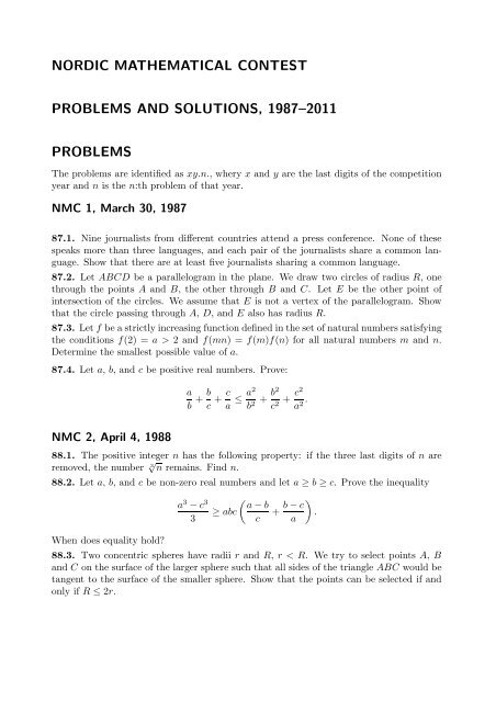 nordic mathematical contest problems and solutions 1987 2011