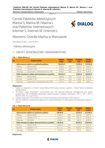 Cennik PakietÃ³w telewizyjnych oraz PakietÃ³w ... - Dialog