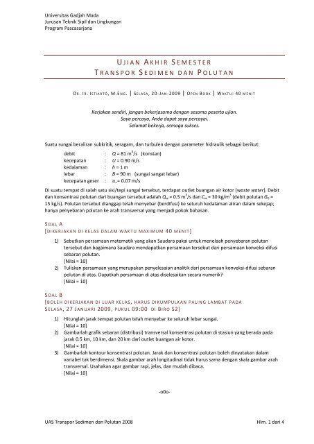 TS Soal UAS Transpor Sedimen dan Polutan - istiarto - Universitas ...