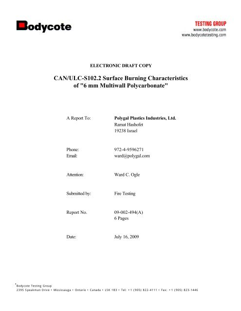 CAN/ULC-S102.2 Surface Burning Characteristics of &quot;6 mm 