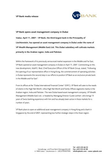 VP Bank media release VP Bank opens asset management ...