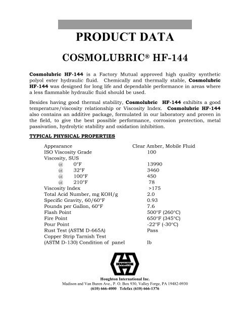 COSMOLUBRICÂ® HF-144 - Quality Tools &amp; Services, Inc.