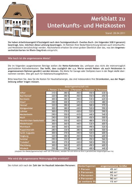 Merkblatt Zu Unterkunfts Und Heizkosten Jobcenter Rhein Sieg