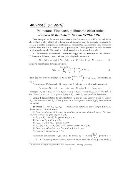 Polinoame Fibonacci, polinoame ciclotomice - Loredana ...