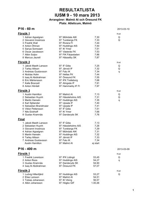 RESULTATLISTA IUSM 9 - 10 mars 2013 - SM i friidrott