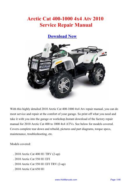 Arctic Cat 400-1000 4x4 Atv 2010 Service Repair Manual