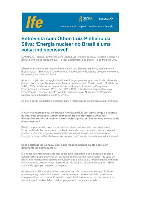 Entrevista com Othon Luiz Pinheiro da Silva: 'Energia ... - UFRJ
