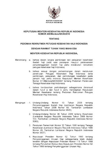 KMK No. 400 ttg Pedoman Rekrutmen Petugas Kesehatan Haji ...