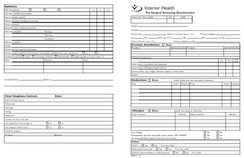 Pre Surgical Screening Questionnaire - Interior Health