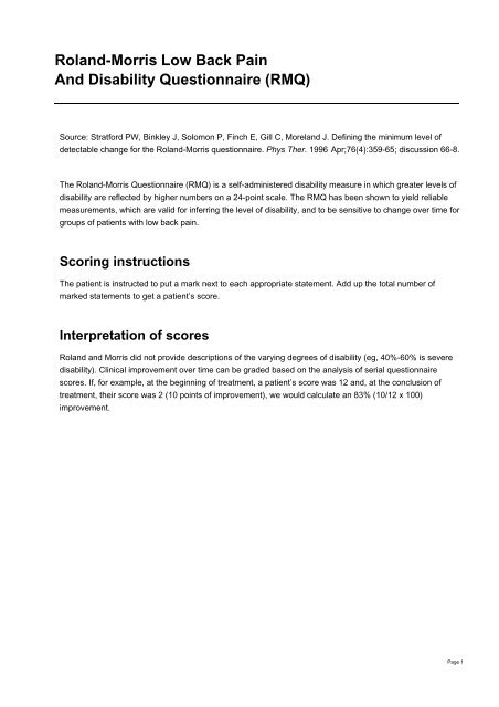 Roland Morris Low Back Pain and Disability Questionnaire (RMQ)