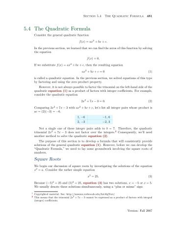 5.4 The Quadratic Formula - College of the Redwoods