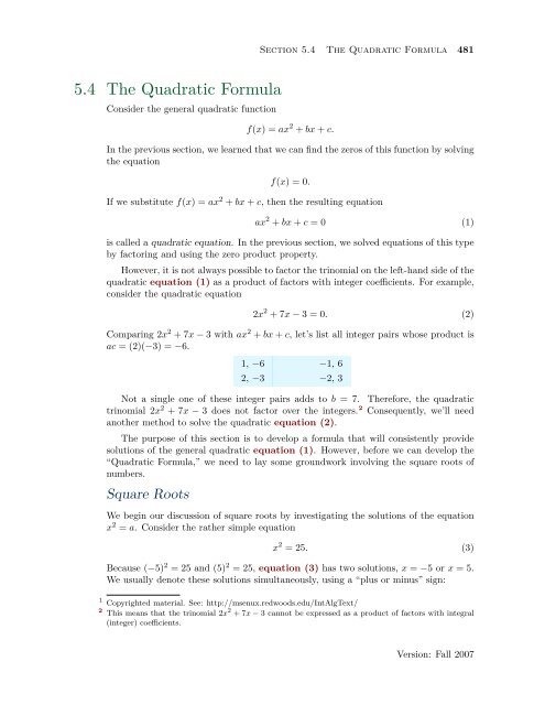 5.4 The Quadratic Formula - College of the Redwoods