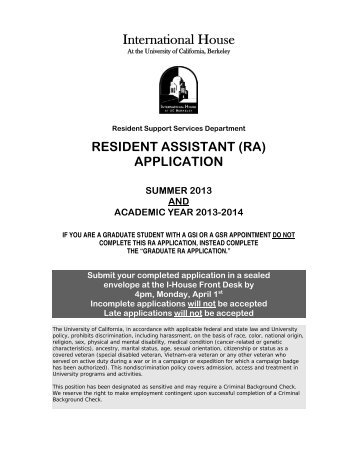 resident assistant (ra) - International House Berkeley - University of ...